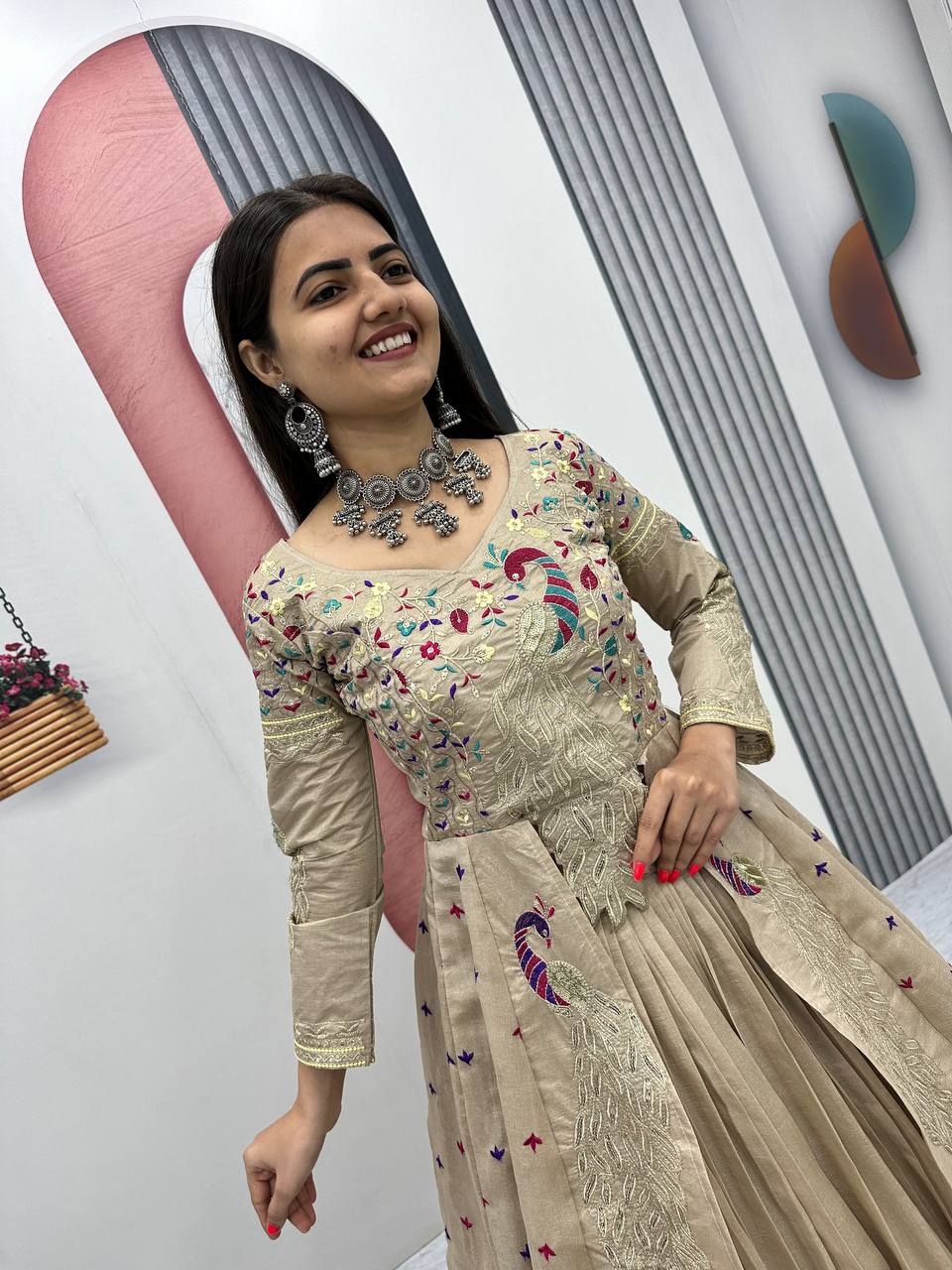 Beige Embroidered Vichitra Silk Crop Top Lehenga Set with Shrug for Women