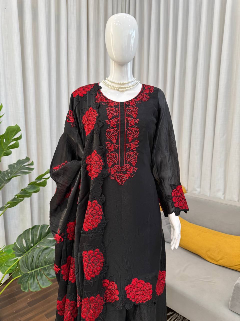 Black Floral Embroidered Fendy Silk Palazzo Set with Dupatta