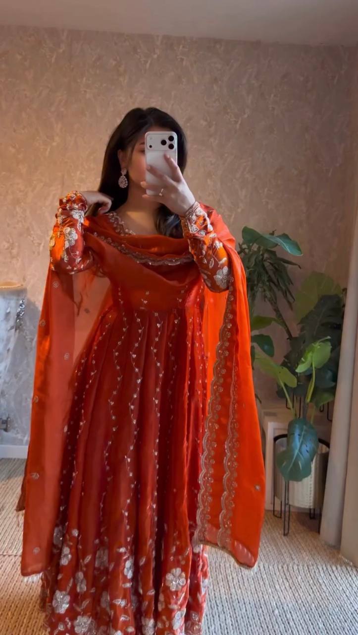 Burnt Orange Fendy Silk Embroidered Anarkali Set