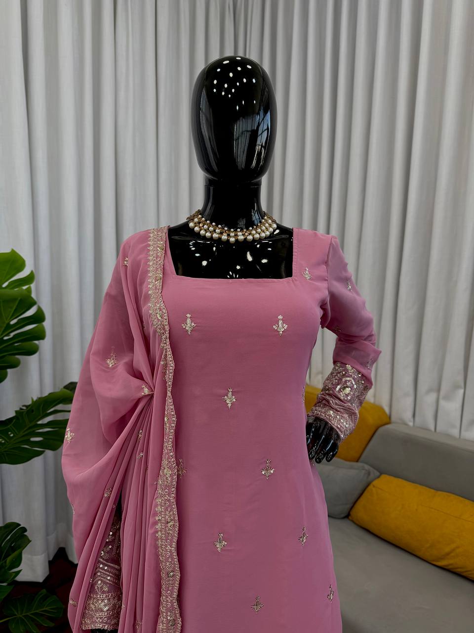 Dusty Rose Faux Georgette Embroidered Straight Suit Set