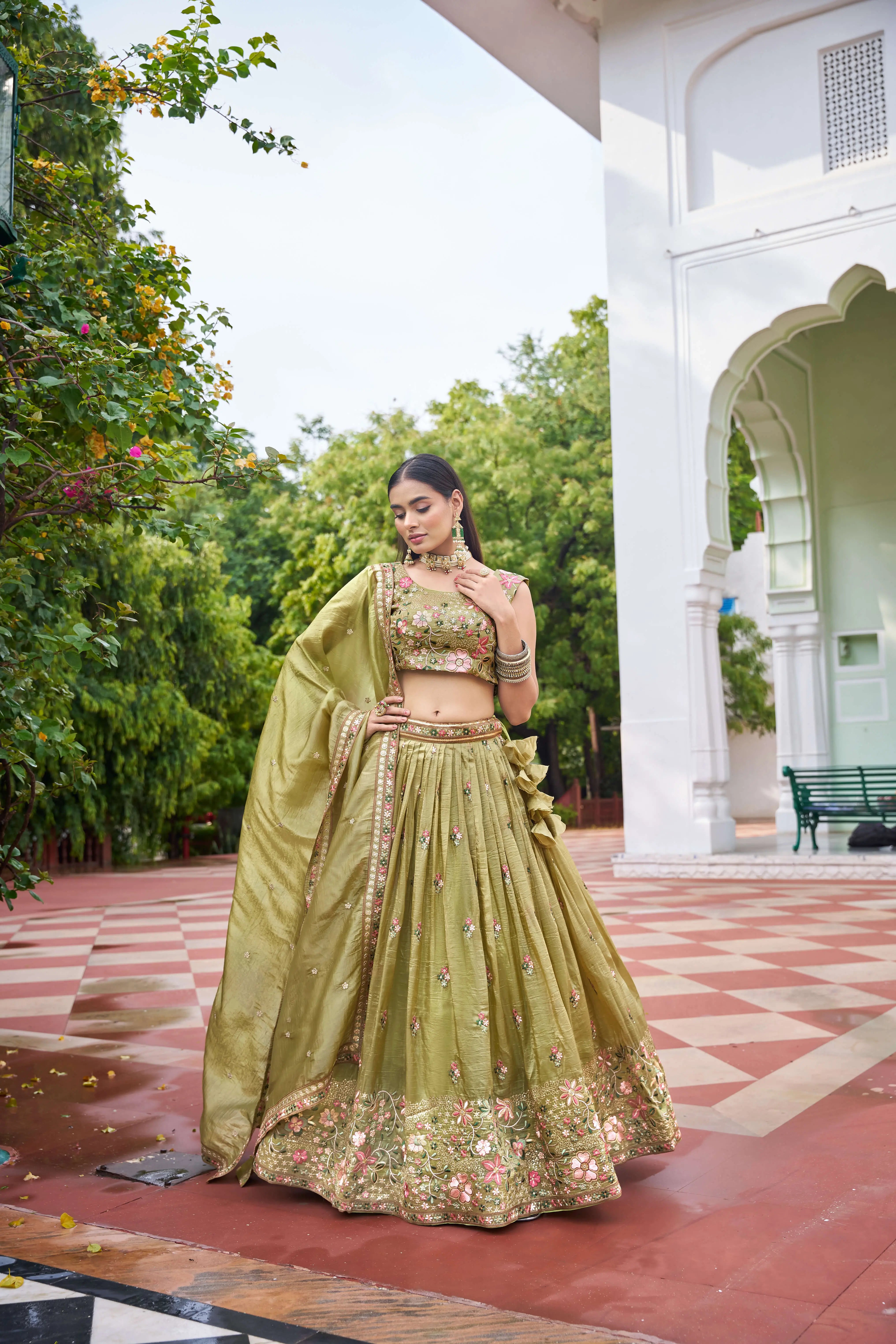 Olive Green Embroidered Lehenga Set