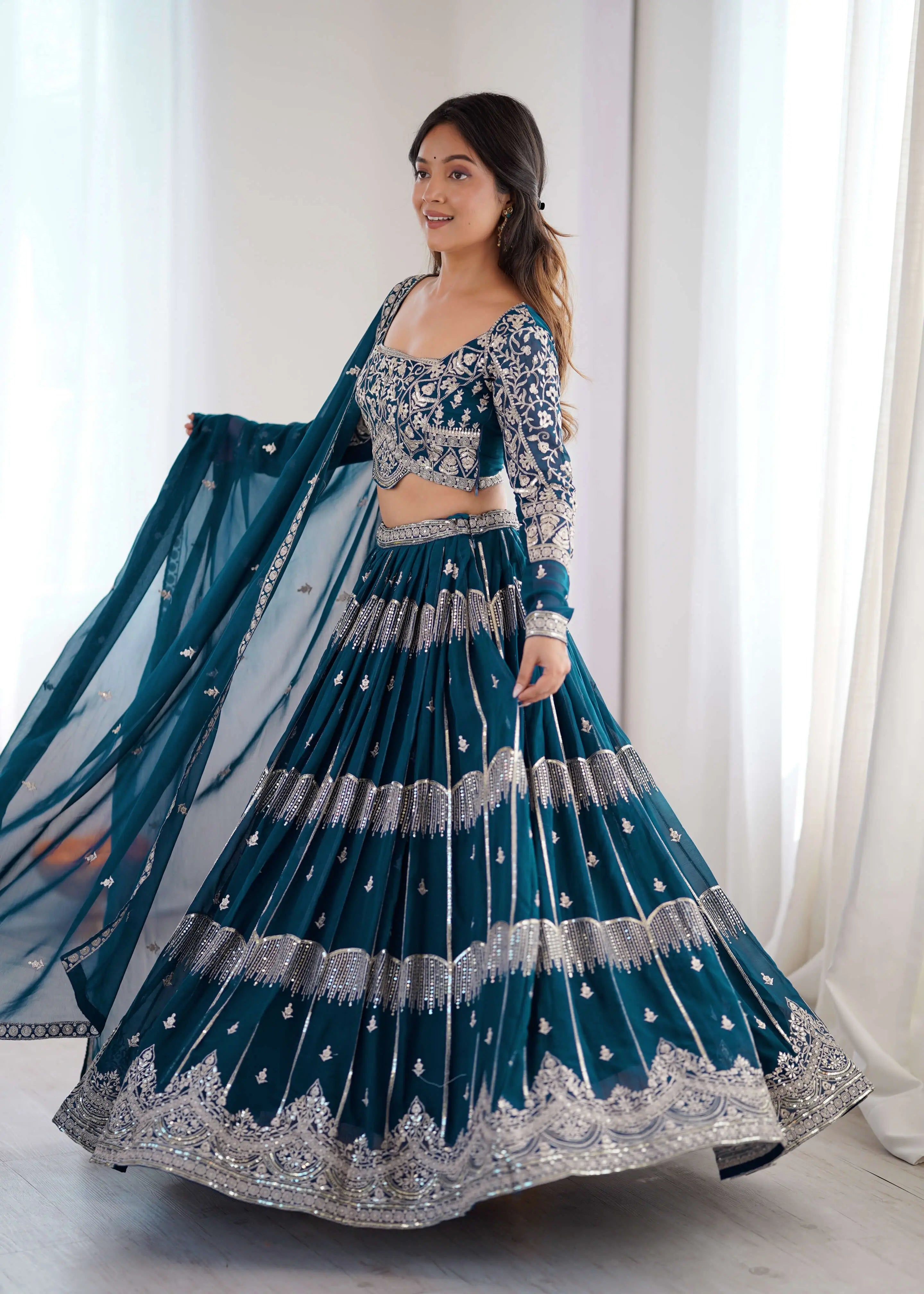 Teal Blue Heavy Embroidered Lehenga Set