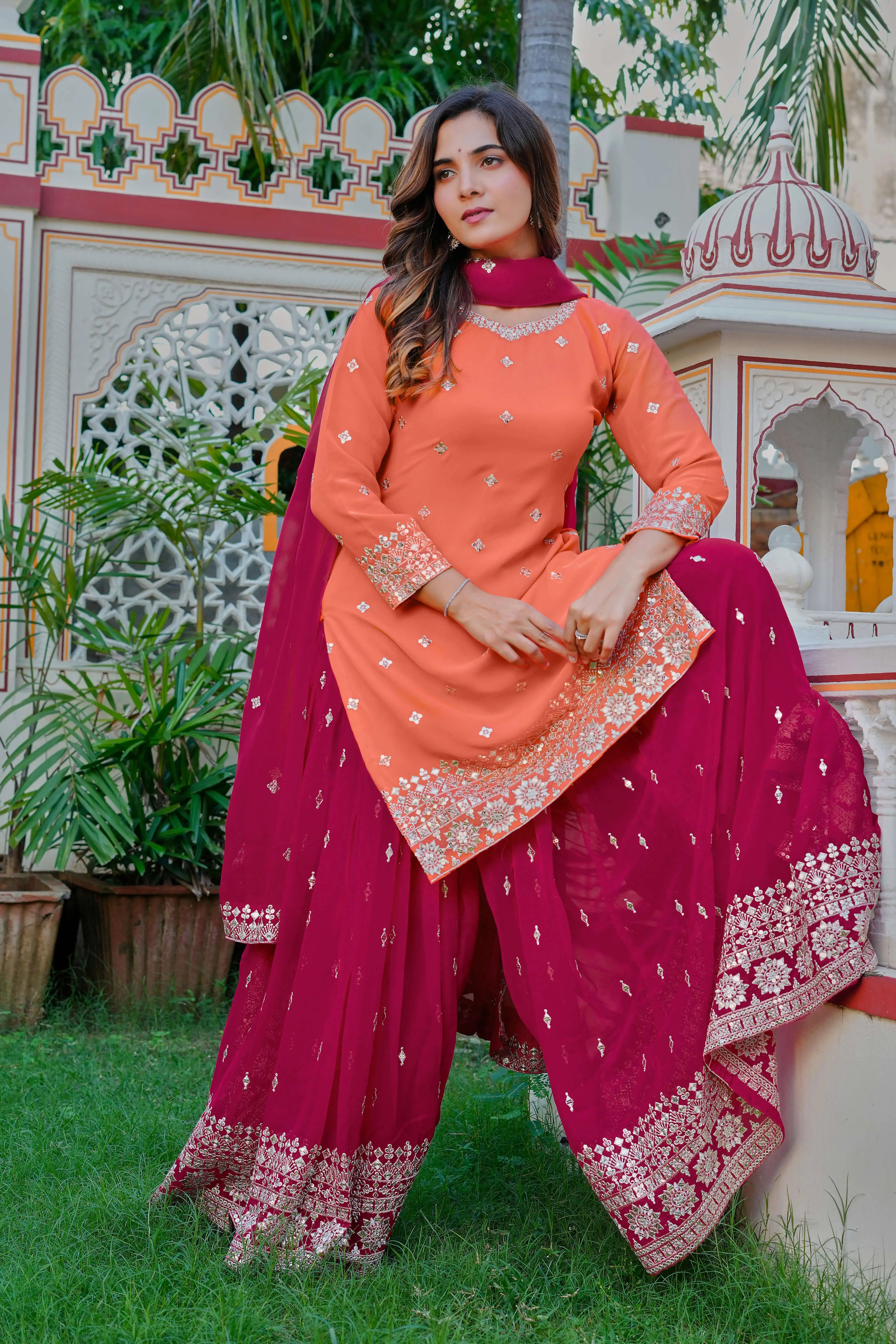 Peach & Rani Embroidered Plazo Set