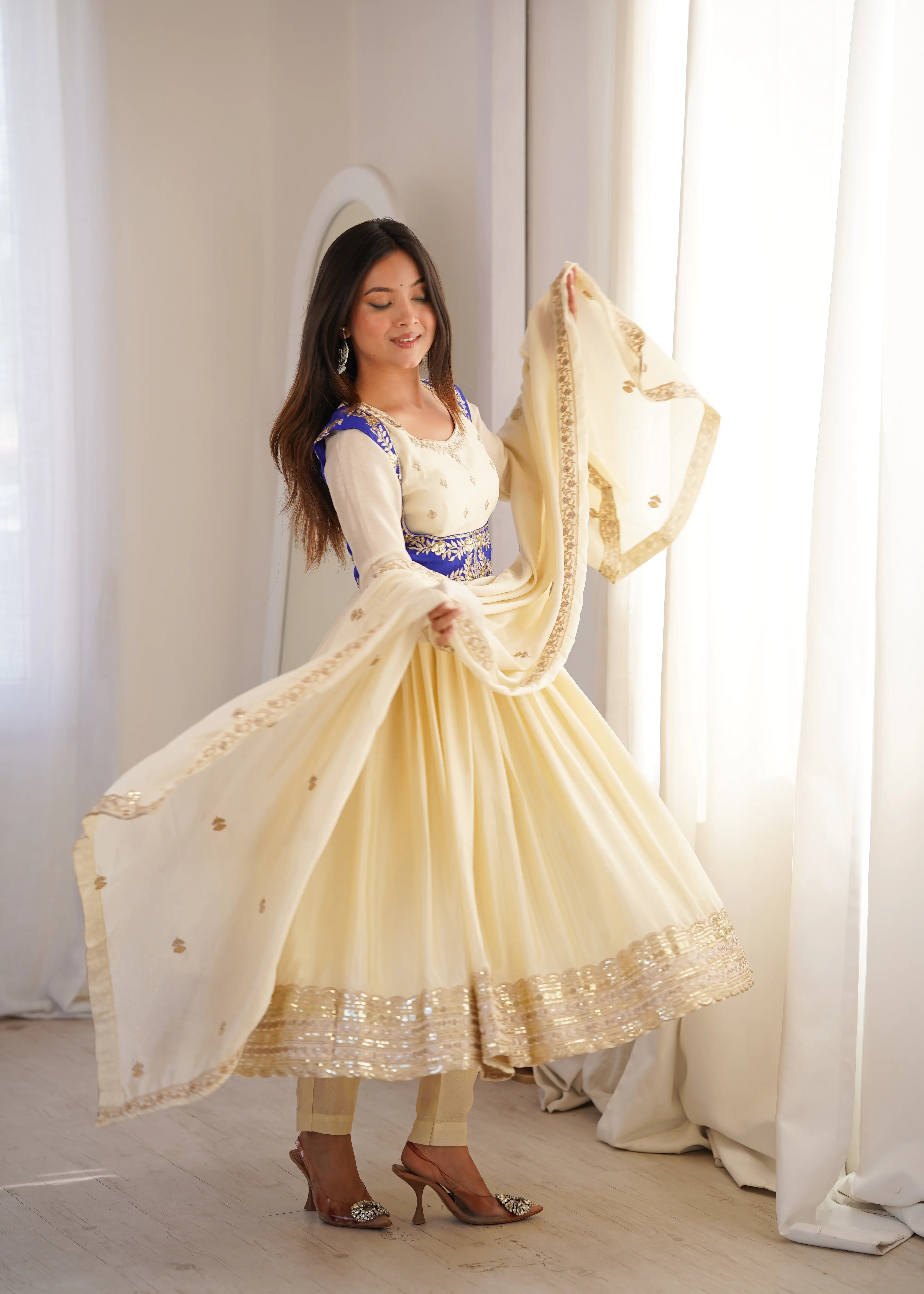 Ivory Cream & Royal Blue Anarkali Set