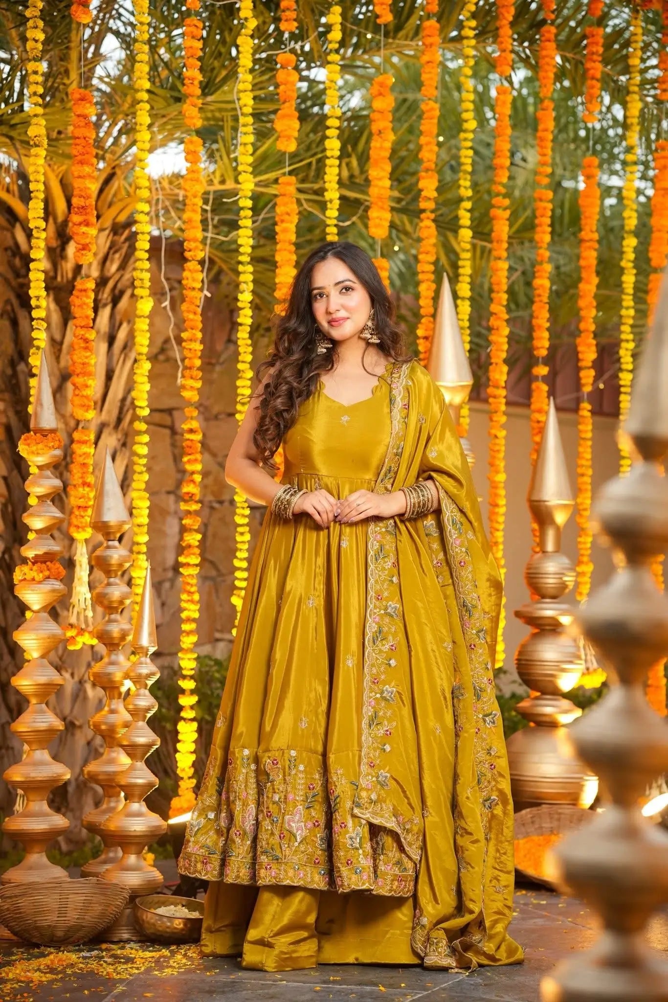 Yellow Embroidered Silk Anarkali Palazzo Suit Set