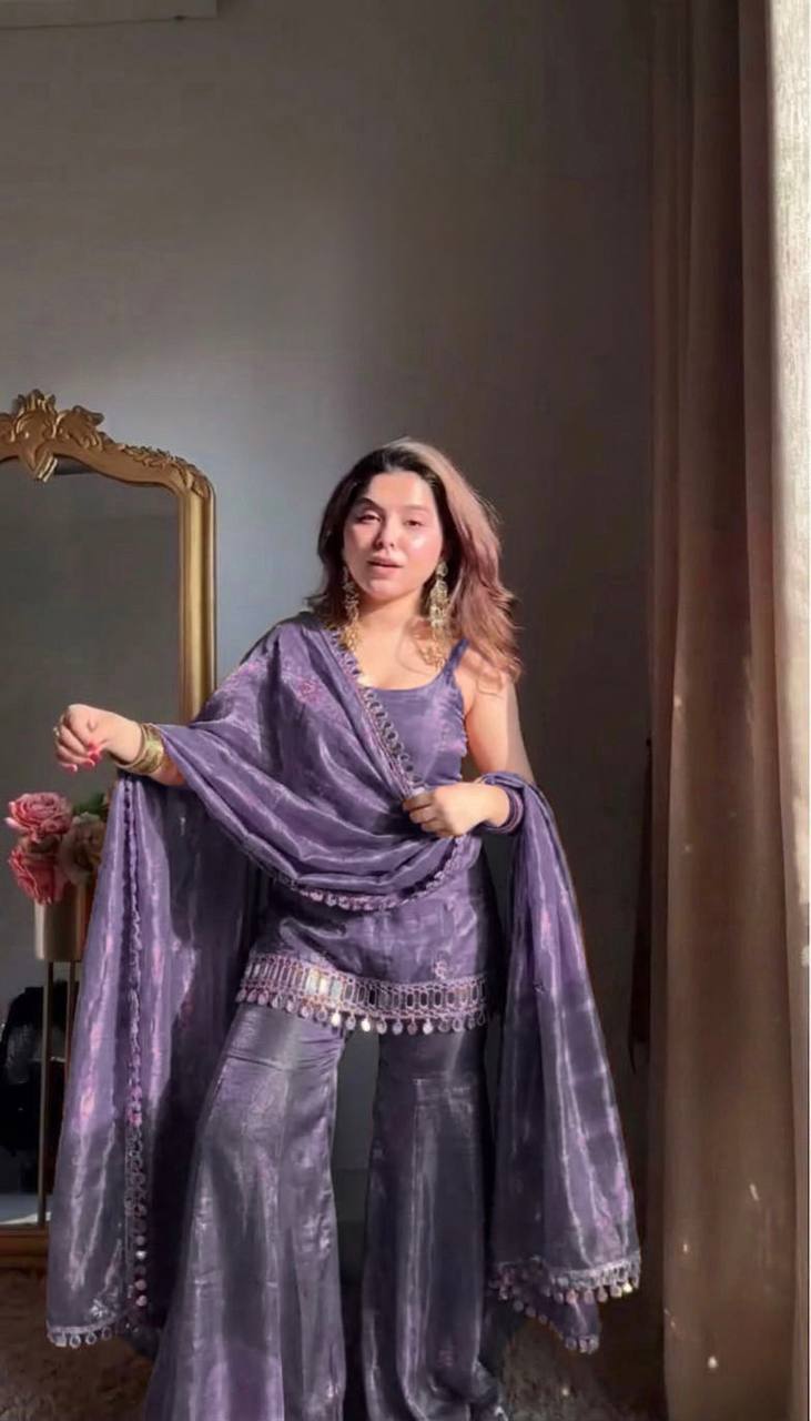 Lavender Purple Embroidered Fendy Silk Palazzo Set with Dupatta for Women details