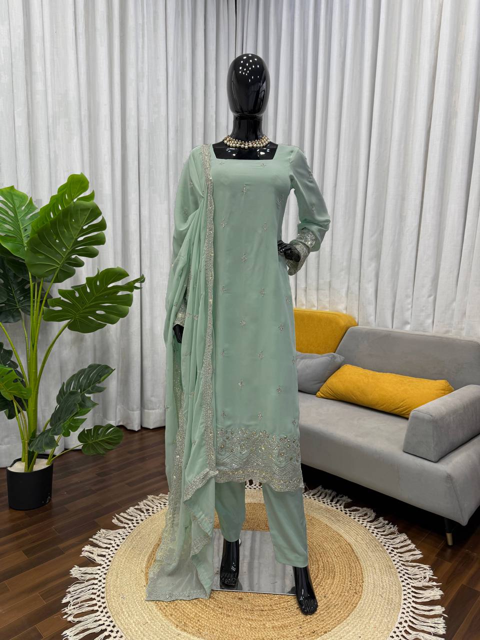 Mint Green Faux Georgette Embroidered Straight Suit Set