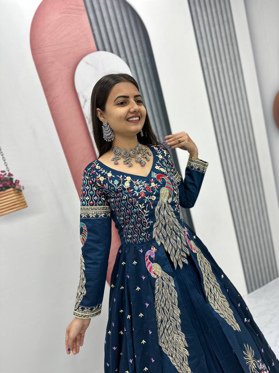 Navy Blue Embroidered Vichitra Silk Crop Top Lehenga Set with Shrug for Women