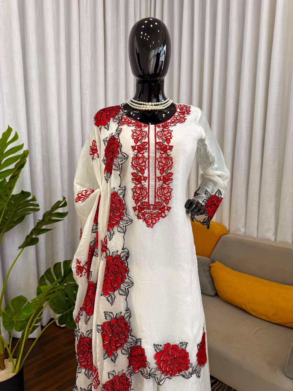 Off White Floral Embroidered Fendy Silk Palazzo Set with Dupatta