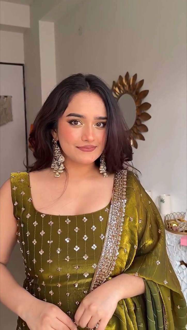 Olive Green Fendy Silk Embroidered Straight Suit Set