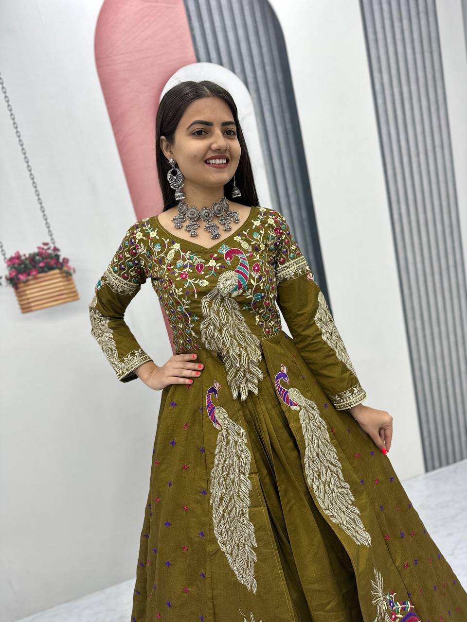 Olive Green Embroidered Vichitra Silk Crop Top Lehenga Set with Shrug for Women