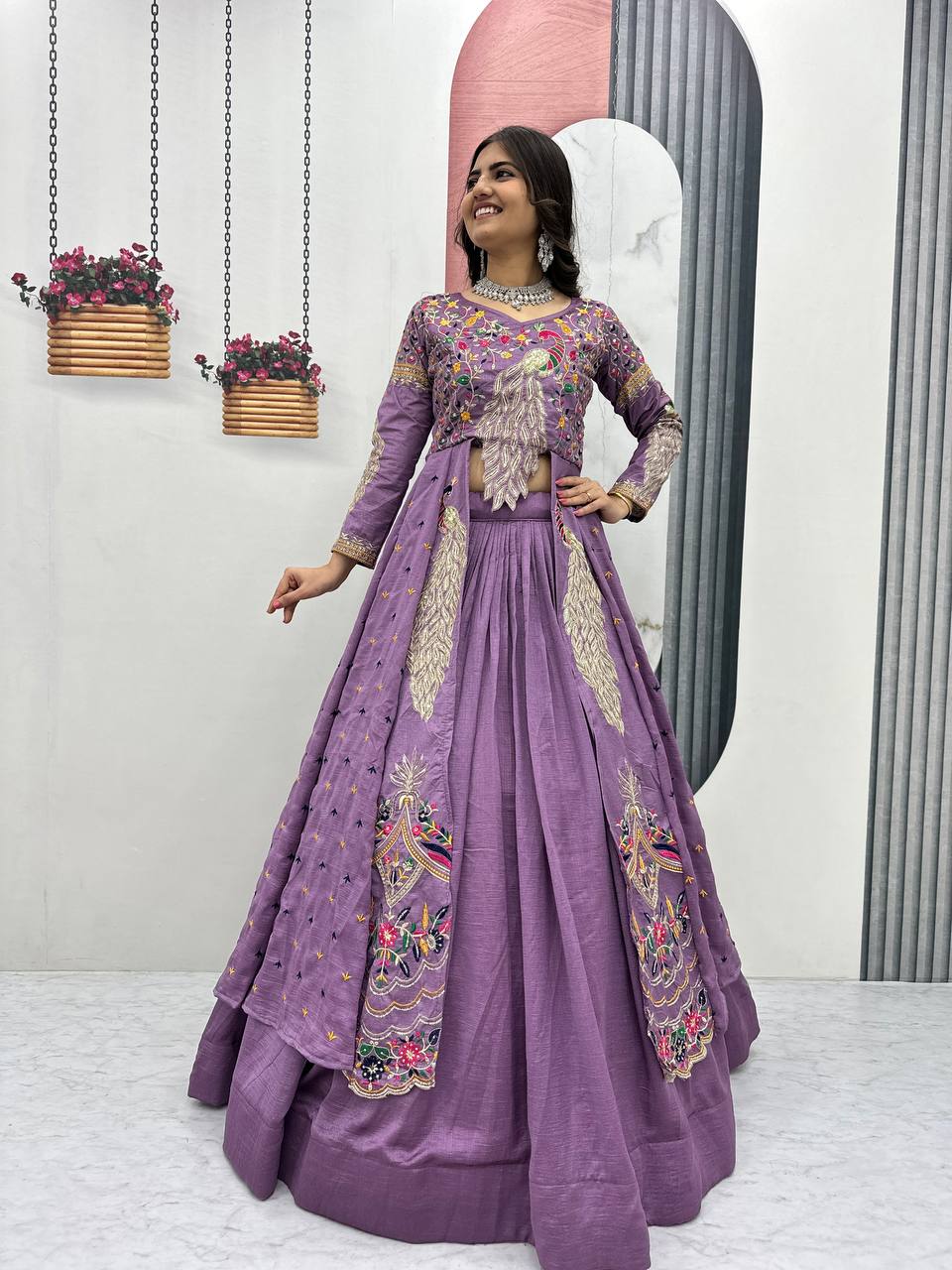 Dusty Purple Embroidered Vichitra Silk Crop Top Lehenga Set with Shrug for Women
