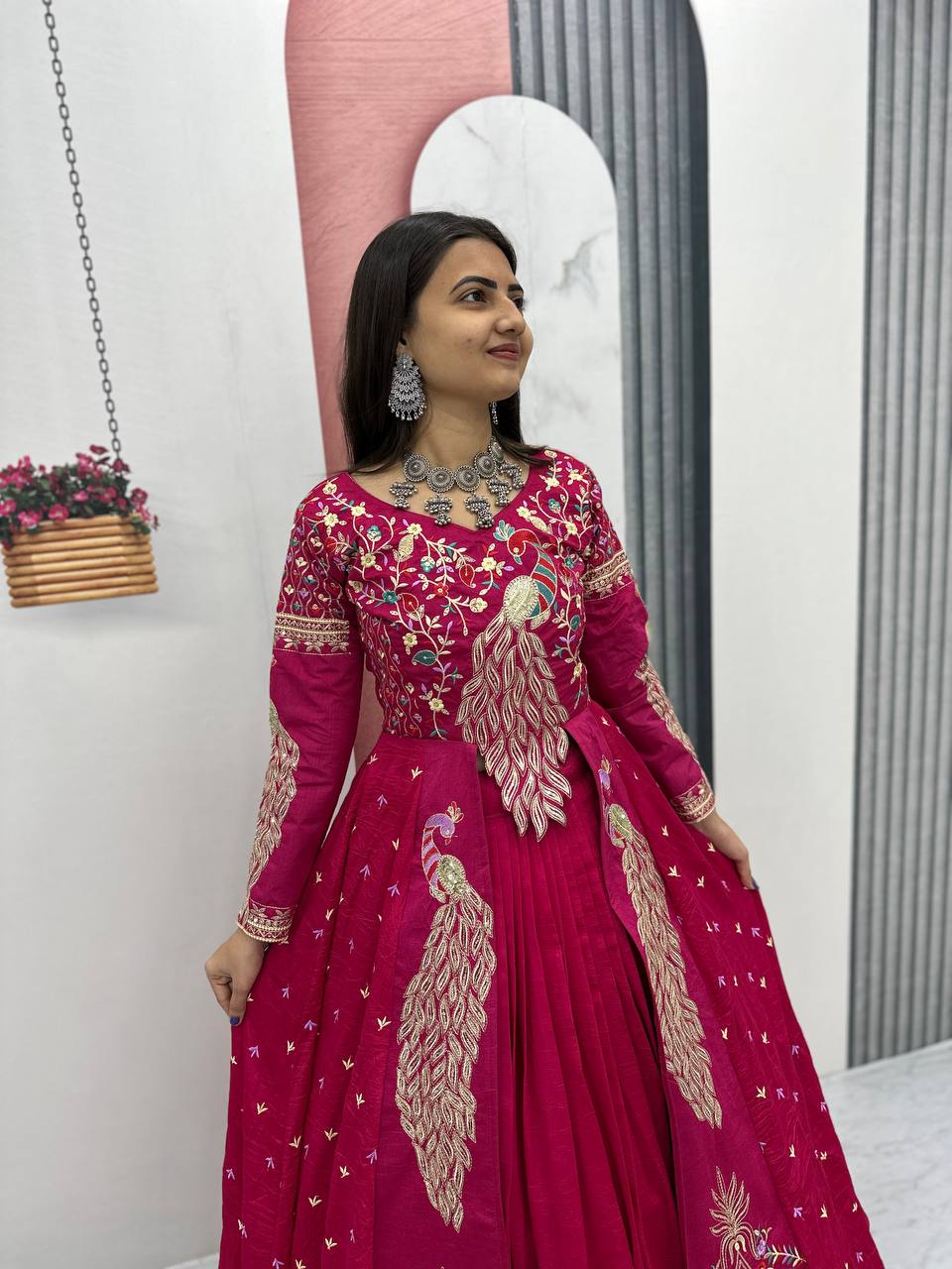 Rani Pink Embroidered Vichitra Silk Crop Top Lehenga Set with Shrug for Women