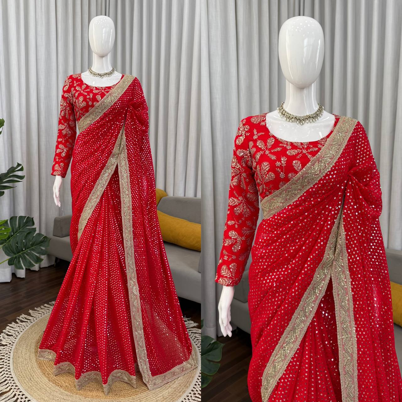 Red Indian Designer Saree - Festive Occasion Wear with Thread and Sequin Work by Chicora Wear