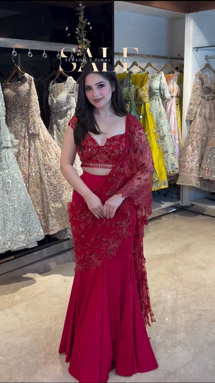 Red Embroidered Ready-to-Wear Lehenga Saree with Blouse