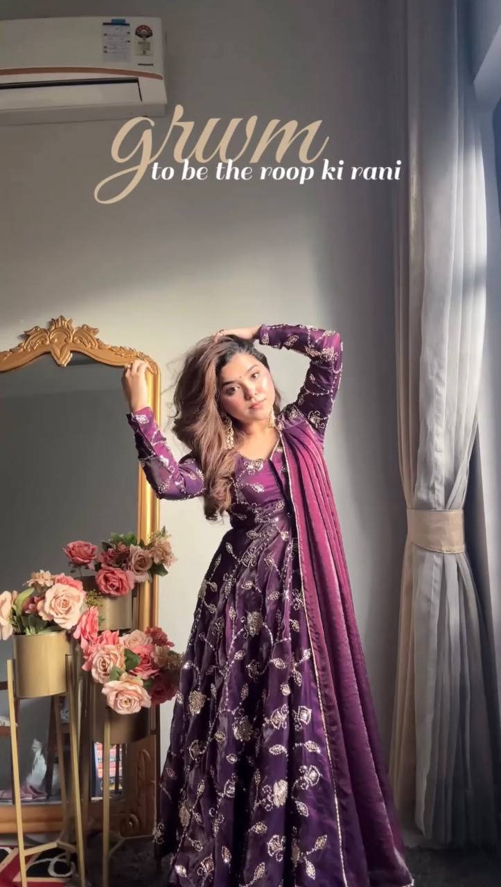 Royal Purple Fendy Silk Embroidered Gown with Lehenga Set