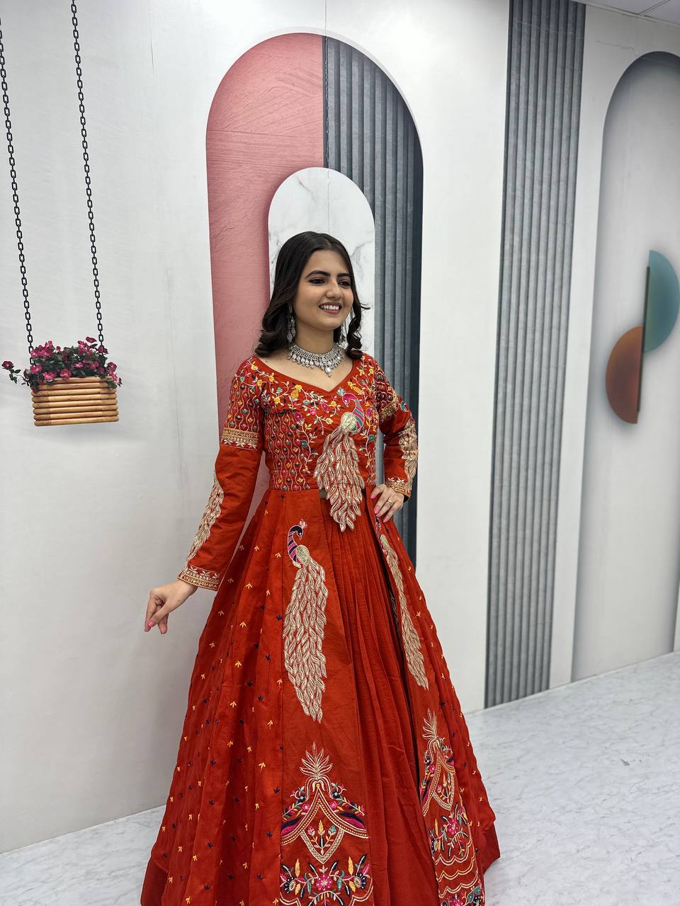 Rust Orange Embroidered Vichitra Silk Crop Top Lehenga Set with Shrug for Women