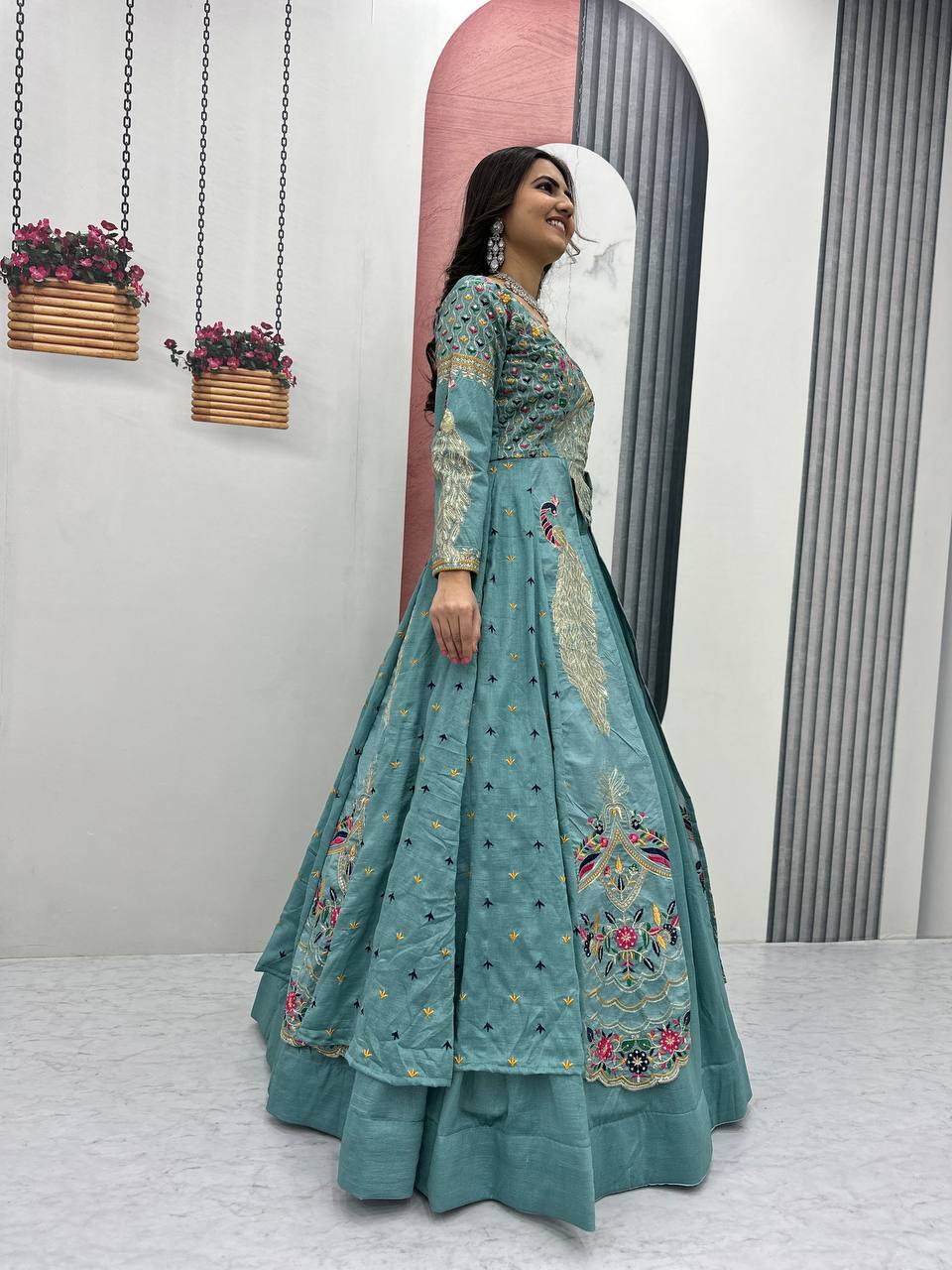 Teal Blue Embroidered Vichitra Silk Crop Top Lehenga Set with Shrug for Women