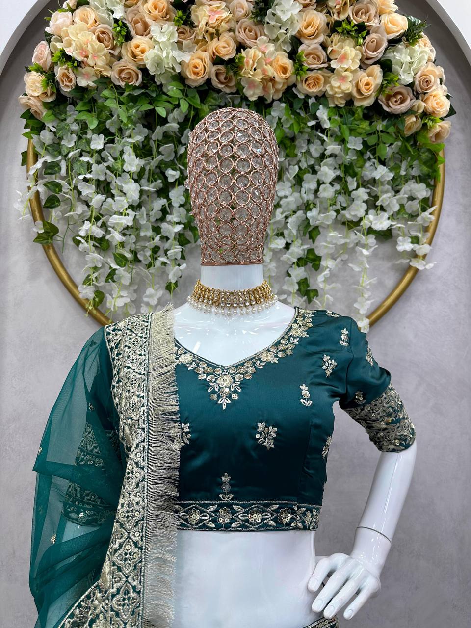 Teal Green Japan Satin Embroidered Lehenga Set