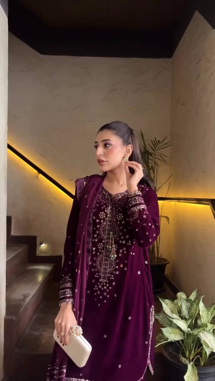 Wine Embroidered Roman Glass Kurta Pant Set with Dupatta