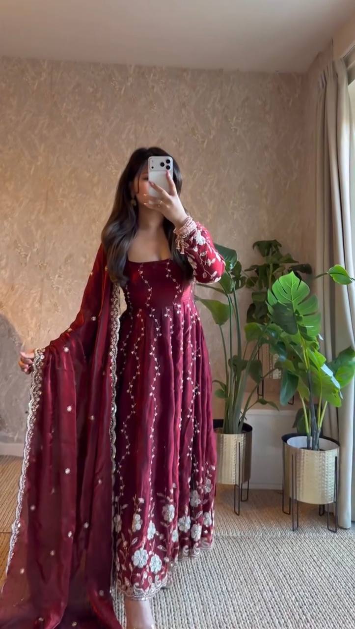 Wine Fendy Silk Embroidered Anarkali Set