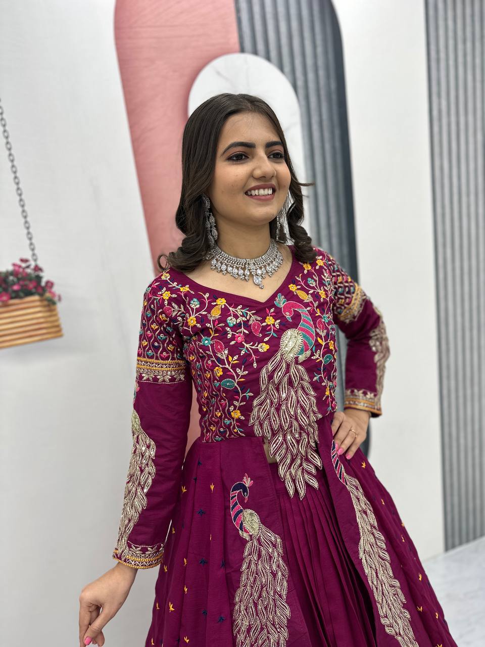 Wine Embroidered Vichitra Silk Crop Top Lehenga Set with Shrug for Women