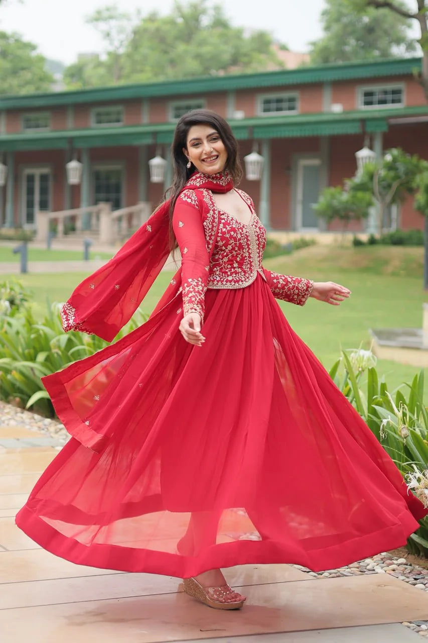 red alia cut gown with dupatta full flare twirl view