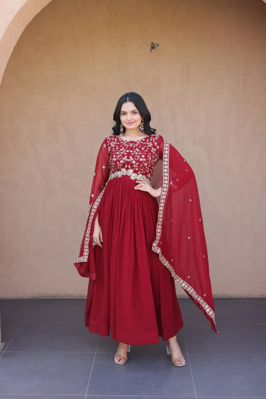 maroon embroidered anarkali gown bodice zari sequin closeup
