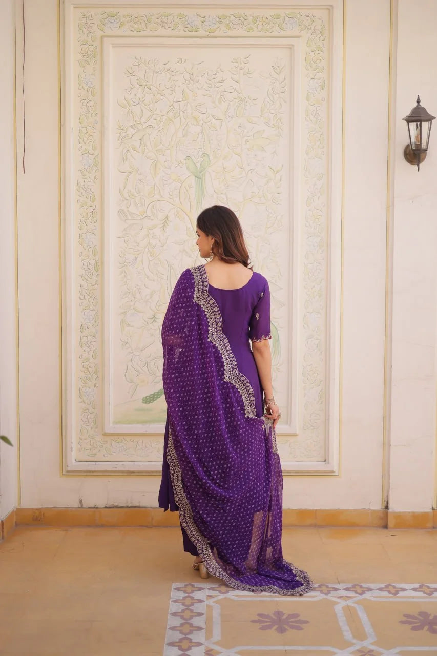 purple mul chanderi kurta set back view with dupatta spread