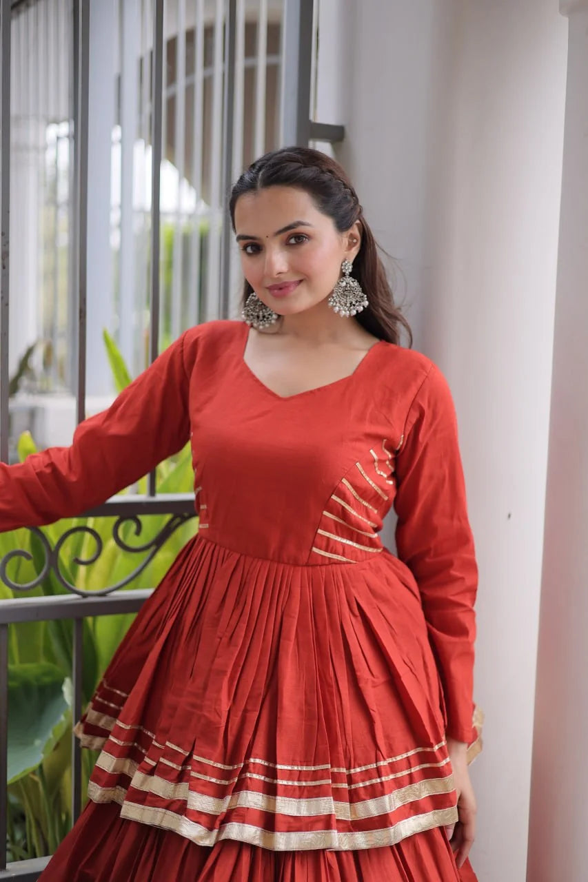 Navratri cotton lehenga choli rust colour – peplum top with gota patti and lace work
