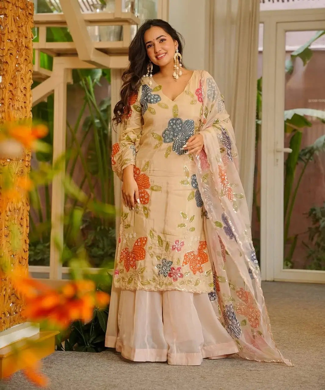 Cream floral palazzo suit with multicolour sequin embroidery kurta and wide leg palazzo