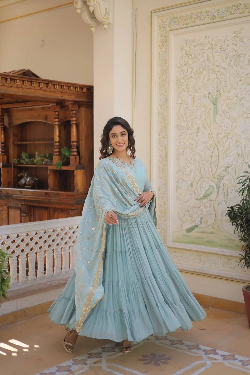 sky blue georgette gown with dupatta draped front view