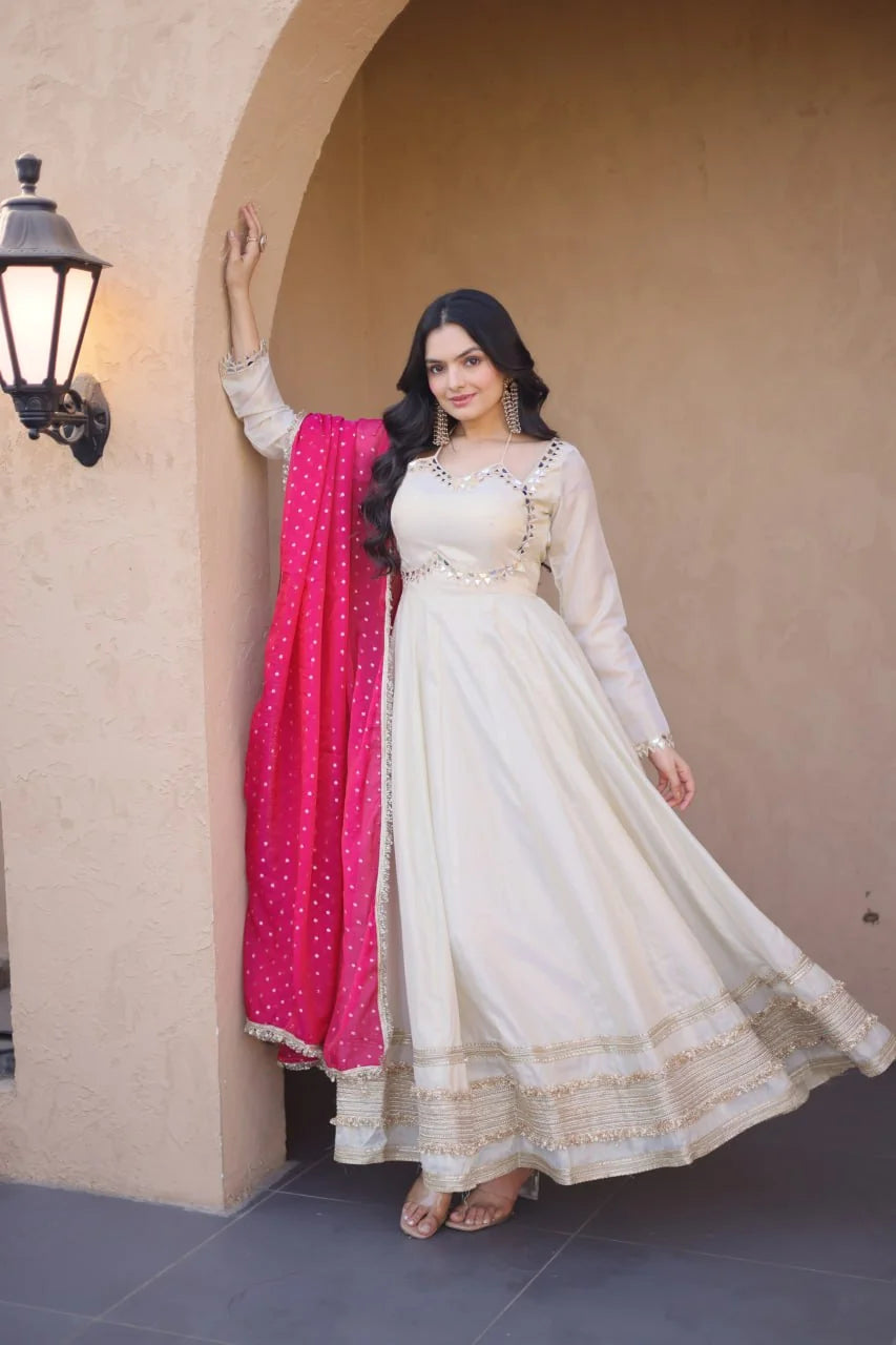 Ivory anarkali gown with dupatta pink front view mirror work neckline