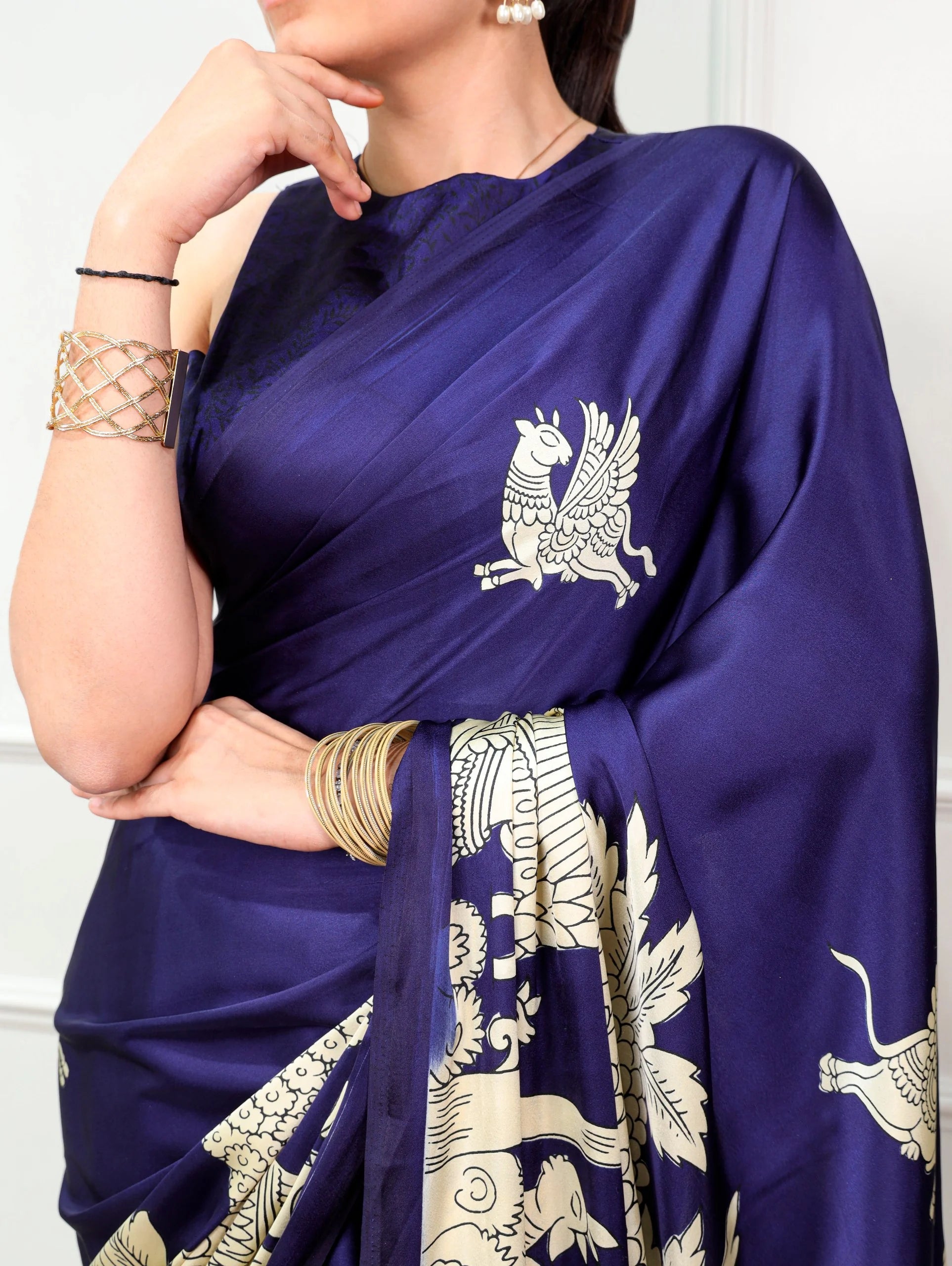 kalamkari silk saree teal green side view