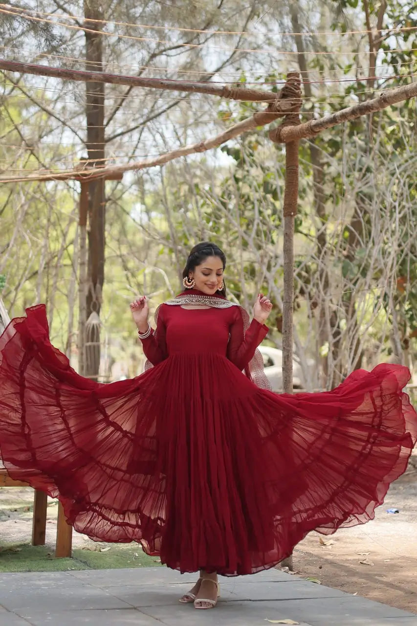 Maroon tiered anarkali gown showing full 15-metre flare open β faux georgette wedding gown