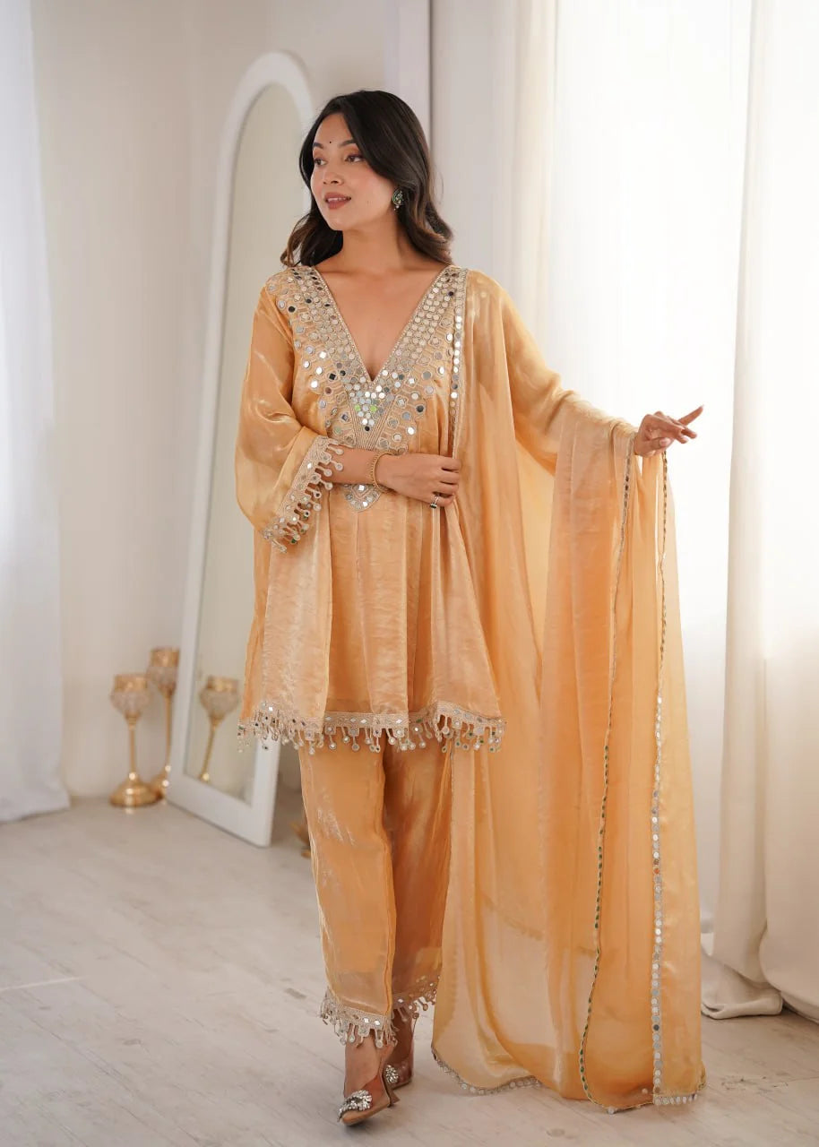 Mirror work kurti pant set with dupatta chiku full length front view