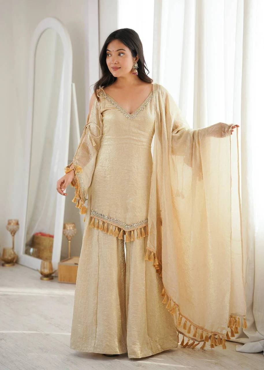 Golden Doremon Crush palazzo set for women full length with wide-leg palazzo and dupatta