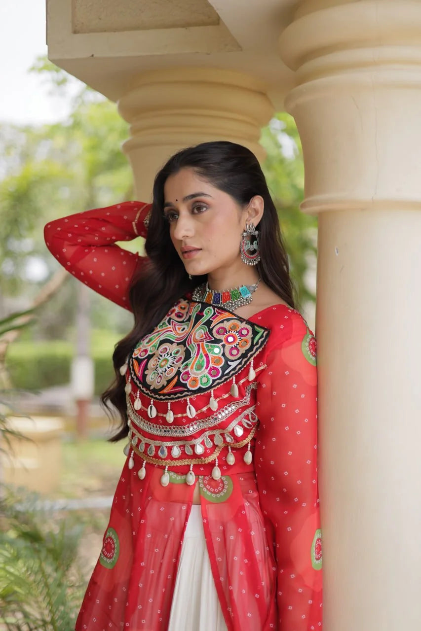 blue navratri kurti lehenga portrait with kutchi peacock embroidery yoke