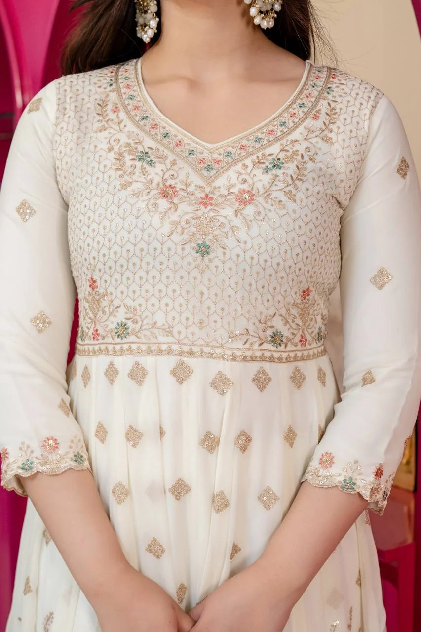 off white anarkali bodice zari honeycomb embroidery closeup