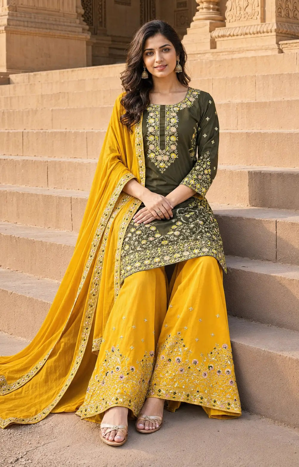 Olive green crepe palazzo set seated view embroidery border detail Chicorawear
