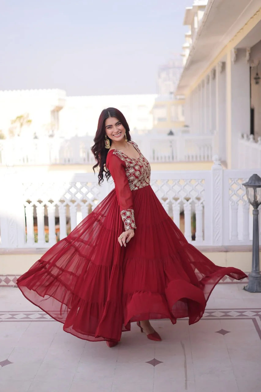maroon one piece gown for women twirl side view