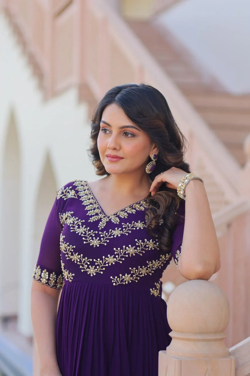 purple party wear gown bead embroidered yoke closeup