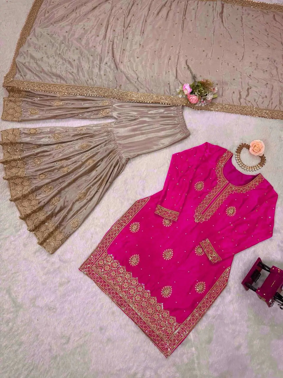 Rani Pink Chinon Silk Sharara Set