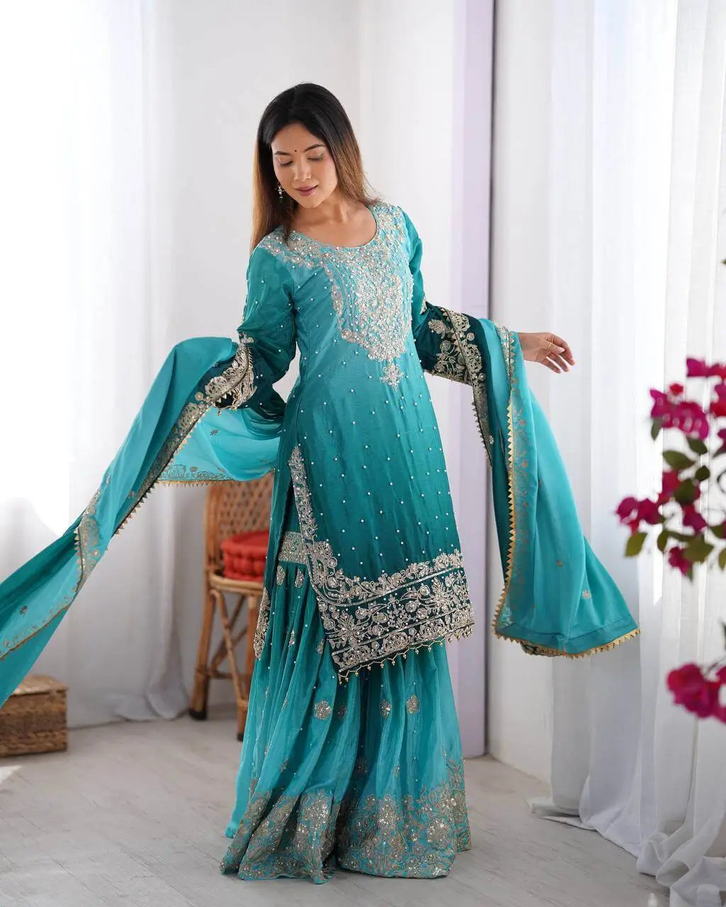 Teal Green Chinon Silk Plazo Set