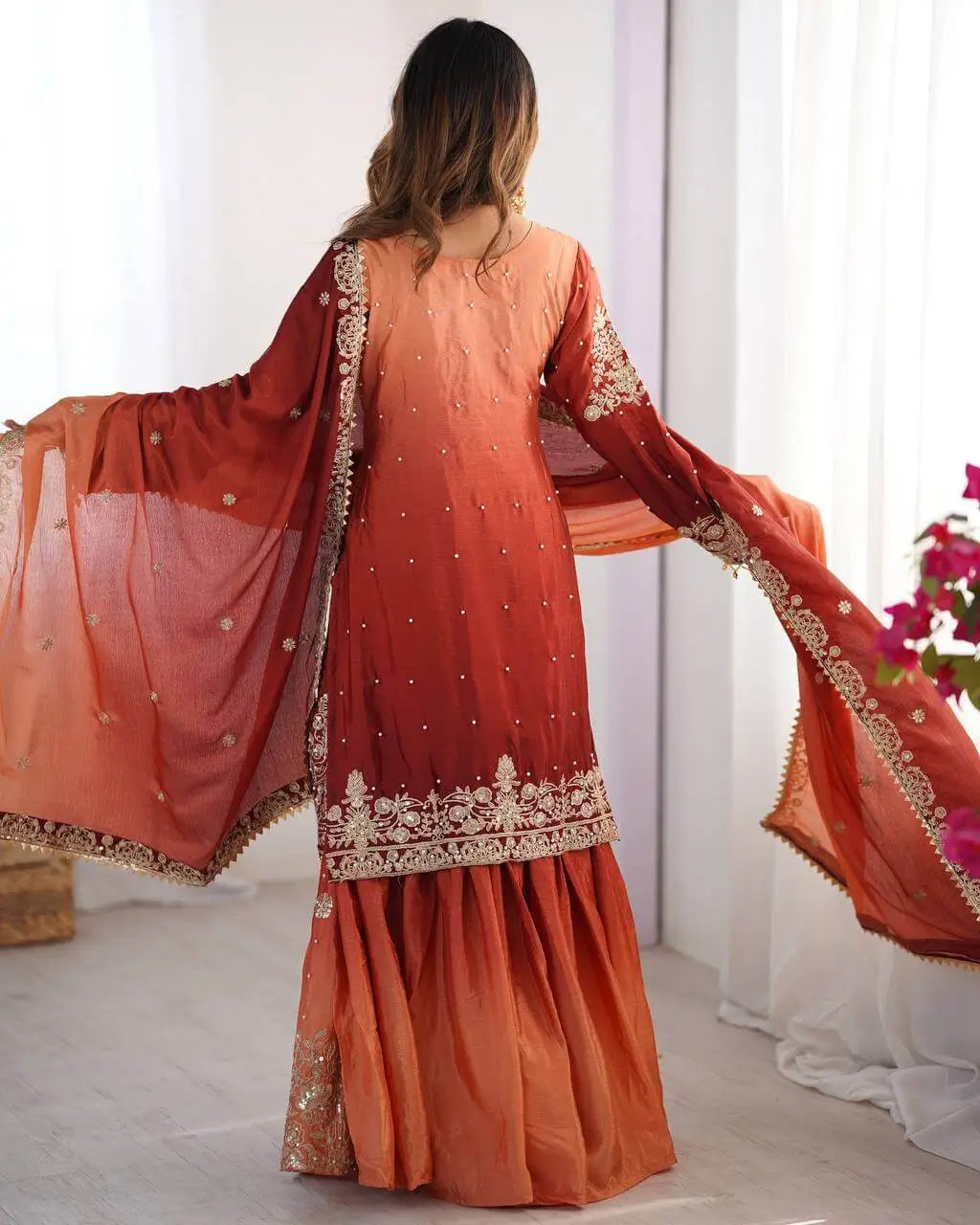 Rust Orange Chinon Silk Plazo Set