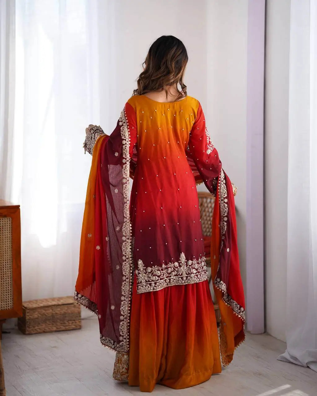 Mustard Maroon Chinon Silk Plazo Set