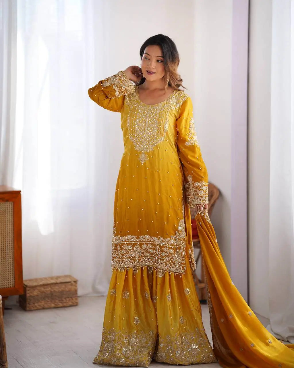 Mustard Yellow Chinon Silk Plazo Set