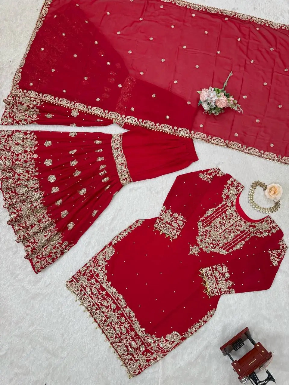 Red Embroidered Sharara Set