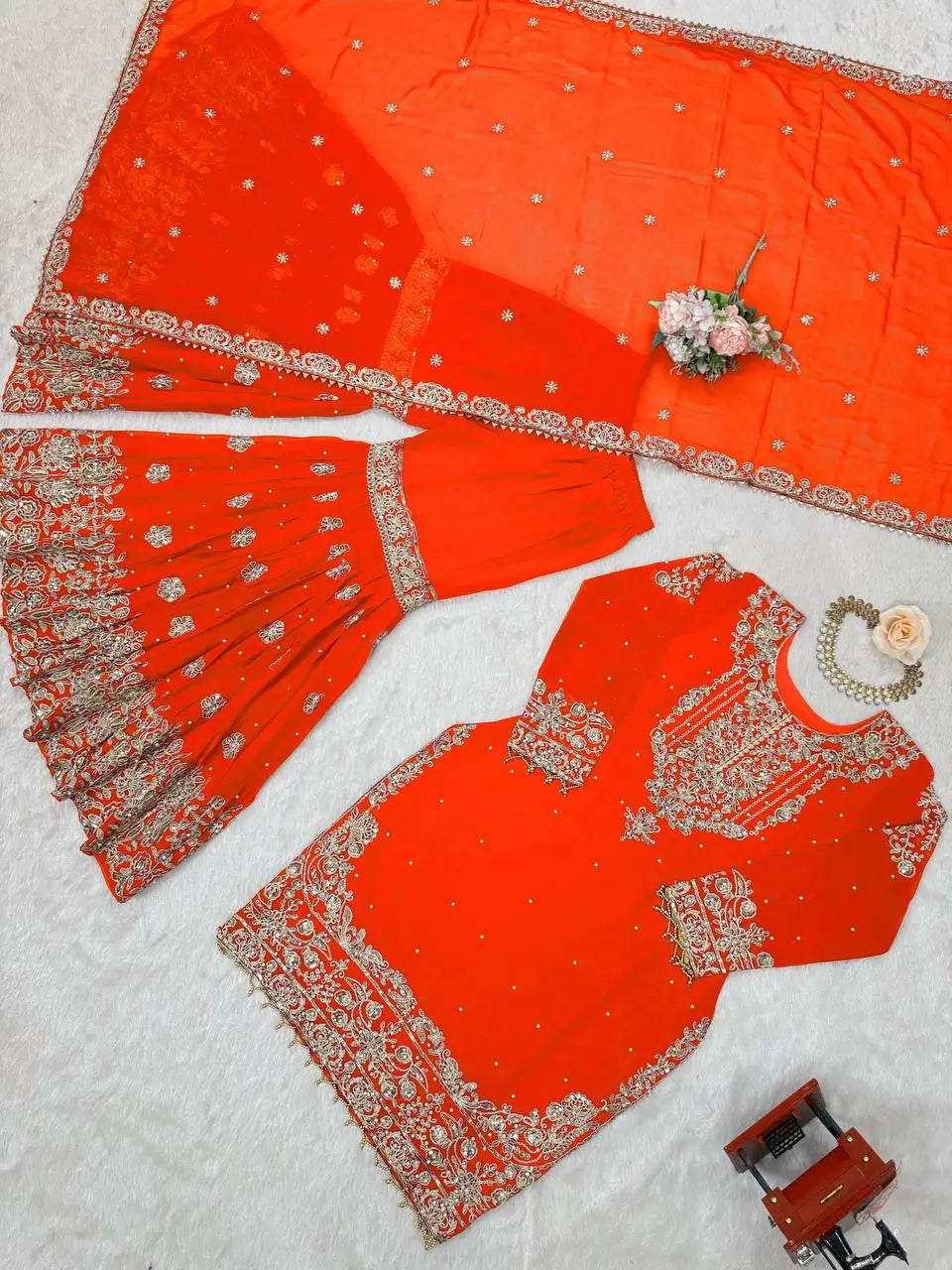 Bright Orange Embroidered Sharara Set