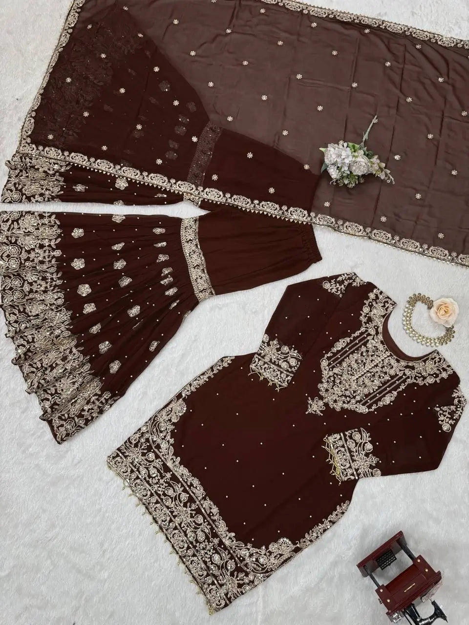 Brown Embroidered Sharara Set